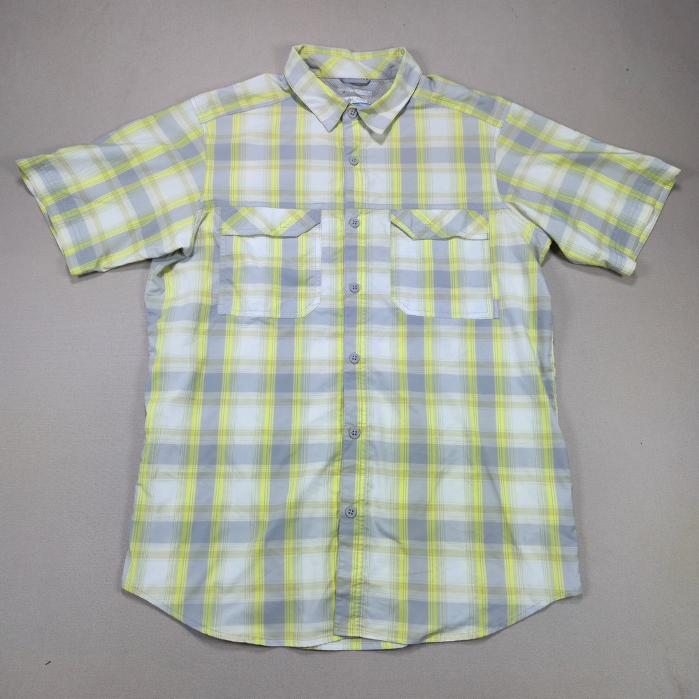 Columbia Shirt Omni-Shade Plaid Button Up Yellow Grey Mens Medium M